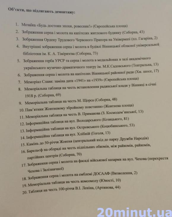 У Вінниці поменшає символів комуністичного режиму на сайті 20minut.ua У Вінниці поменшає символів комуністичного режиму, фото №1 на сайті 20minut.ua